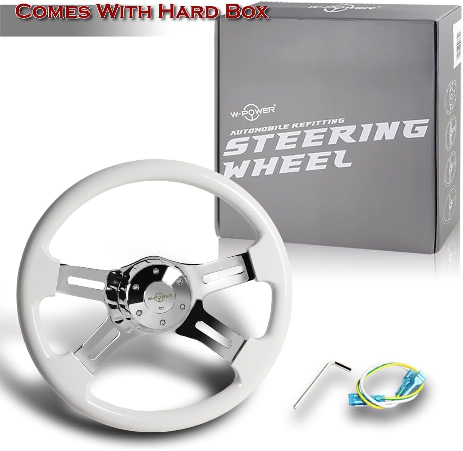 W-Power, 16' Universal 406mm 5 Bolt Hole 2 Inches Deep with Aluminum Polished Vintage Style Wood Grip Steering Wheel, Chrome Horn Button (White Wood Grip/Chrome Spokes)
