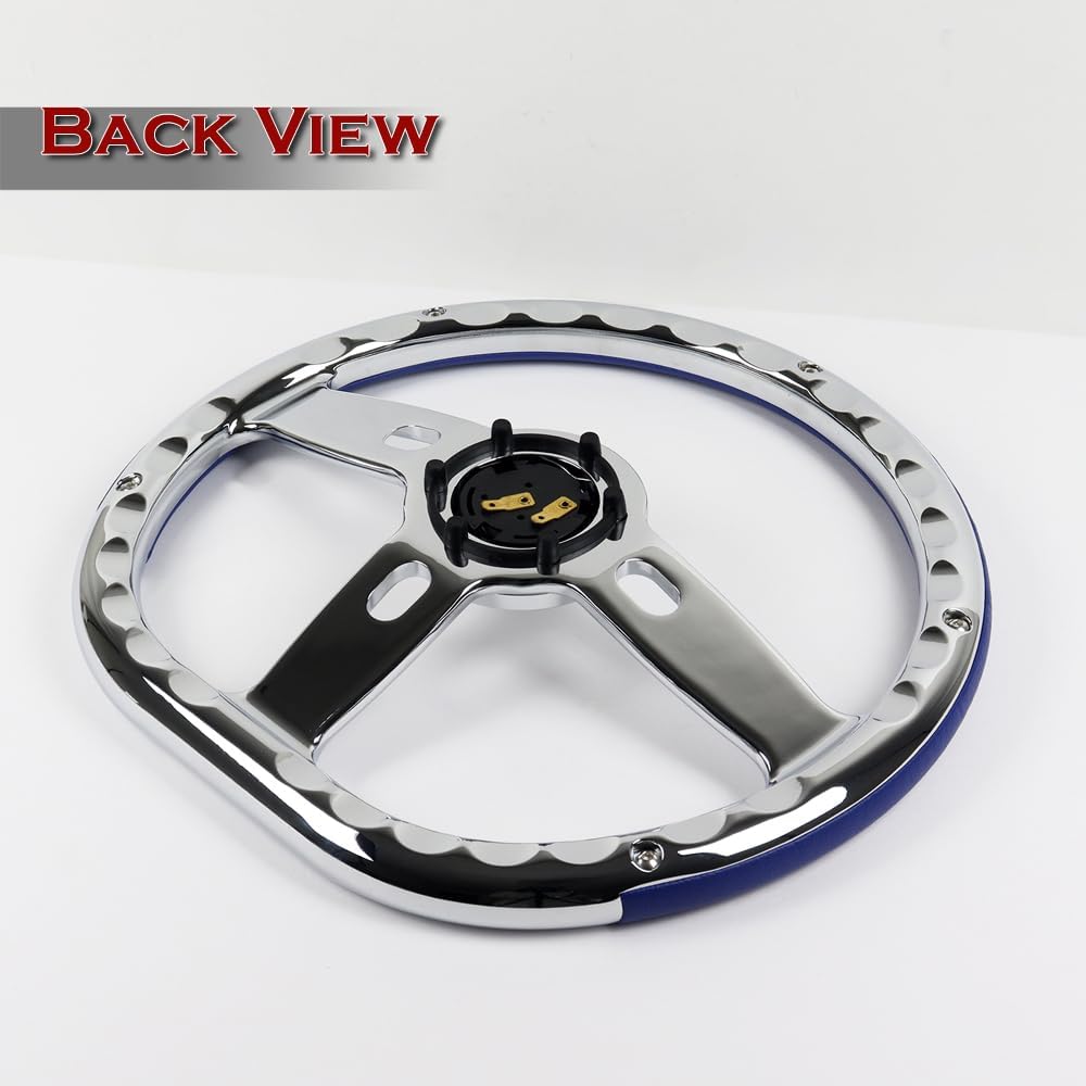 W-Power, 14' Universal 350mm 6 Bolt Hole Aluminum Polished Vinyl Wrap Leather Trim Steering Wheel, Chrome Horn Button JDM Euro VIP Style, 2' Deep (Blue Vinyl Wrap Leather)