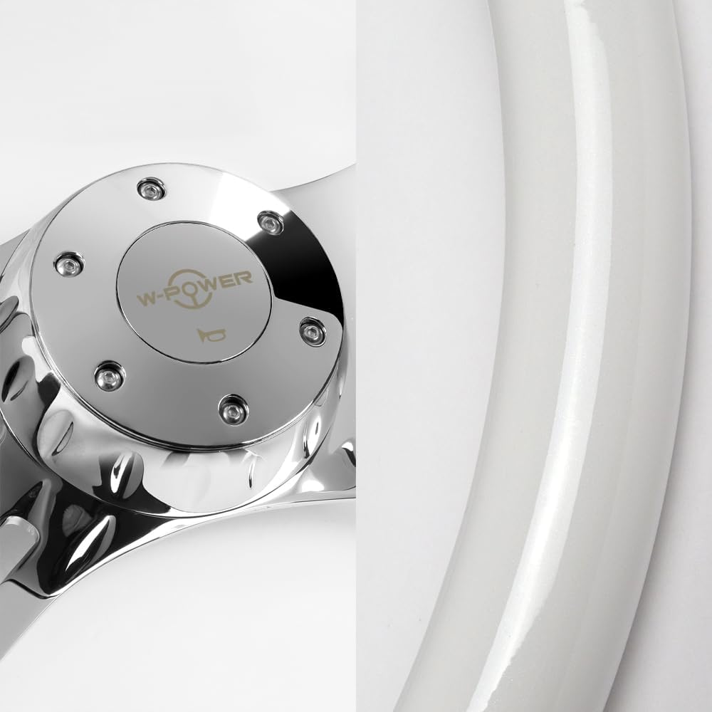 W-Power, 16' Universal 406mm 5 Bolt Hole 2 Inches Deep with Aluminum Polished Vintage Style Wood Grip Steering Wheel, Chrome Horn Button (White Wood Grip/Chrome Spokes)