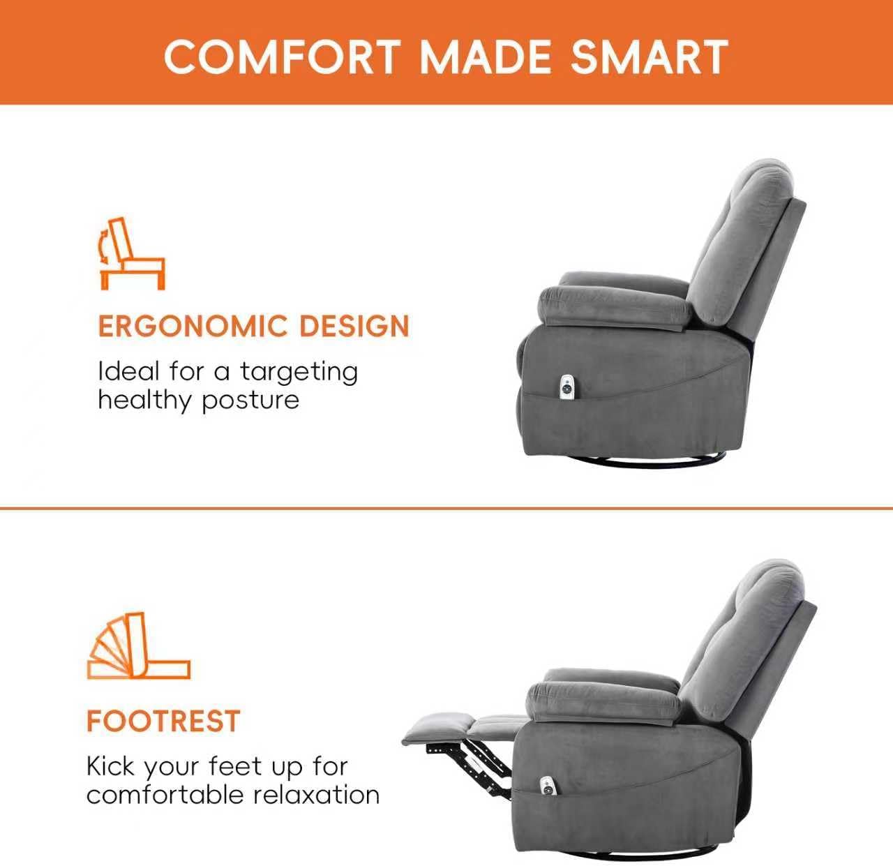 Ketaiyou Power Swivel Rocker Recliner with Massage and Heat, USB and Type-C Port, Infinite Position, Electric Glider Rocking Chairs Living Room, Soft Fabric Reclining Sofa Chair (Velvet Grey)