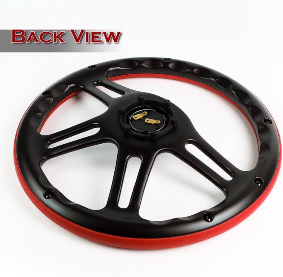 W-Power, 14' Universal 350mm 6 Bolt Hole Vintage Style with Aluminum Polished Special Leather Grip Steering Wheel, Black Horn Button, 4-Spoke (Red Leather/Black Spoke)