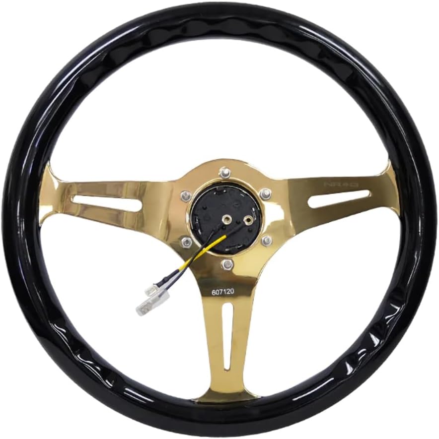 NRG Innovations NRG-ST-015CG-BK Steering Wheel - 350mm 25mm Deep Configuration, Classic Black Wood Grain Wheel with 3 Chrome Gole Spokes/Black Grip