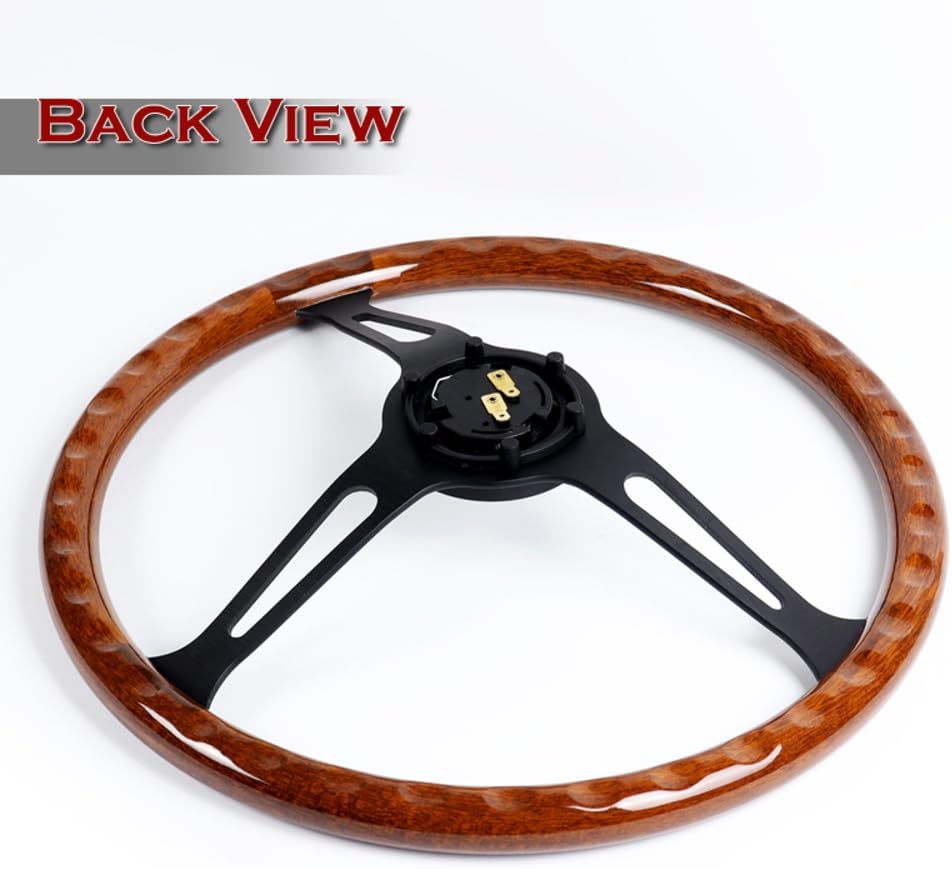 W-Power, 15' Reinforced 380mm 6 Bolt Hole Aluminum Finised Brown Wood Grain Trim Steering Wheel, Black Horn Button JDM Euro VIP Style, 3' Deep (Brown Wood Grain/Matt Black Spoke)