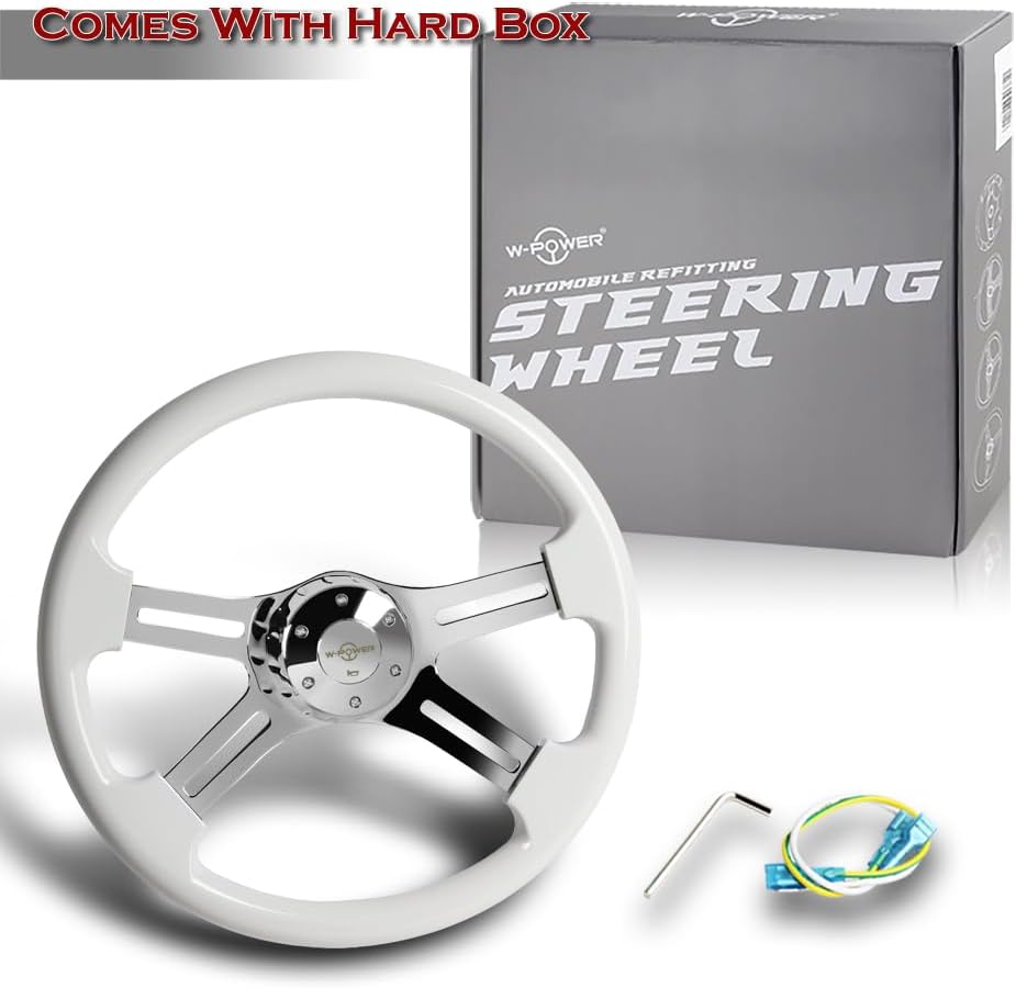 W-Power, 18' Universal 457mm 5 Bolt Hole 2 Inches Deep with Aluminum Polished Vintage Style Wood Grip Steering Wheel, Chrome Horn Button, 4 Spoke (White Wood Grip/Chrome Spoke)