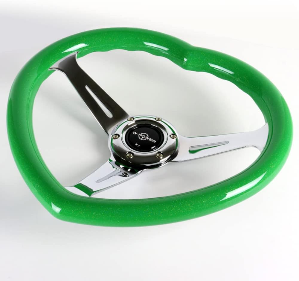 W-Power,13.5' Universal 343mm 6 Bolt Hole 3-Inche Deep Dish Aluminum Polished Heart-Shaped with Wood Grip Steering Wheel, Black Horn Button JDM Euro VIP Style, 3-Spoke (Green)