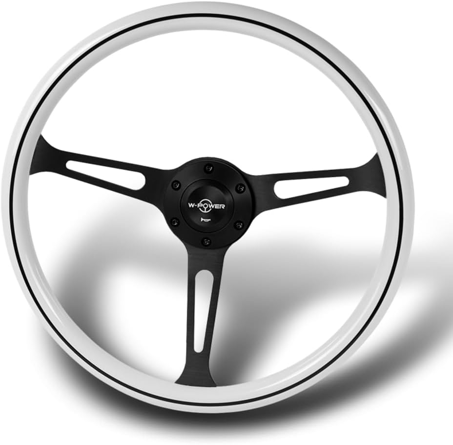 W-Power, 15' Reinforced 380mm 6 Bolt Hole Aluminum Finised White Wood Grain Trim Steering Wheel, Black Horn Button JDM Euro VIP Style, 3' Deep (White Wood Grain/Matt Black Spoke)