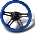W-Power, 14' Universal 350mm 6 Bolt Hole Vintage Style with Aluminum Polished Special Leather Grip Steering Wheel, Black Horn Button, 4-Spoke (Blue Leather/Black Spoke)