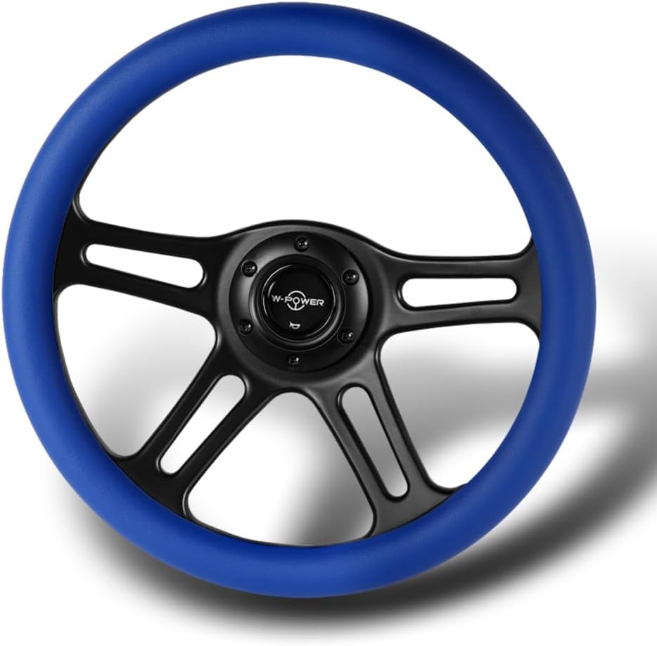 W-Power, 14' Universal 350mm 6 Bolt Hole Vintage Style with Aluminum Polished Special Leather Grip Steering Wheel, Black Horn Button, 4-Spoke (Blue Leather/Black Spoke)