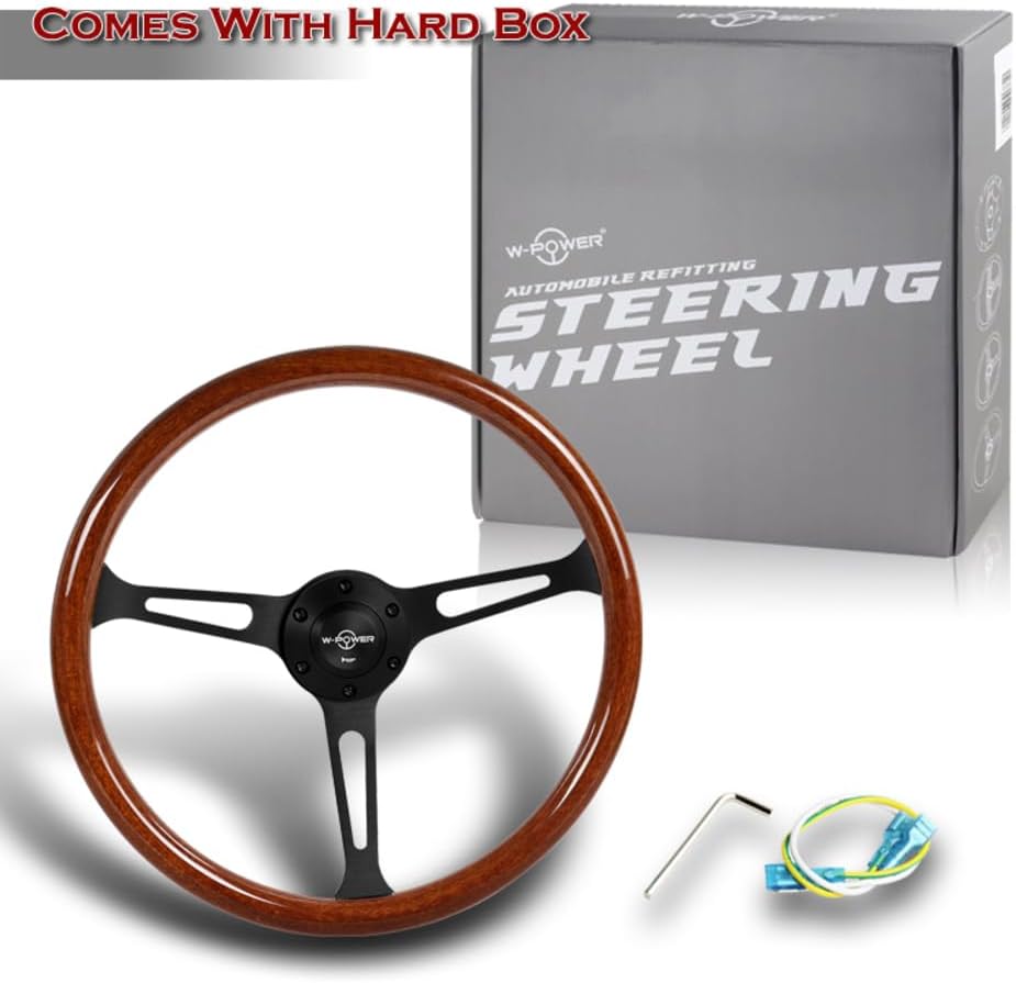 W-Power, 15' Reinforced 380mm 6 Bolt Hole Aluminum Finised Brown Wood Grain Trim Steering Wheel, Black Horn Button JDM Euro VIP Style, 3' Deep (Brown Wood Grain/Matt Black Spoke)