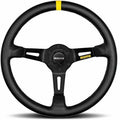 MOMO Motorsport MOD.08 Leather Racing Steering Wheel – 350mm, 88mm Deep Dish, Yellow Horn, 3-Spoke with Cutouts, 6-Bolt Aluminum Frame – Authentic MOMO Italian Aftermarket Wheel. Hub Adapter Required