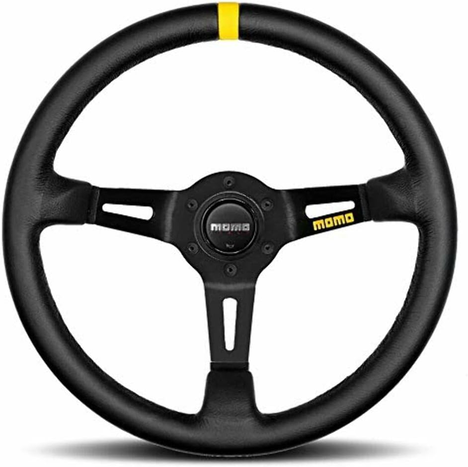 MOMO Motorsport MOD.08 Leather Racing Steering Wheel – 350mm, 88mm Deep Dish, Yellow Horn, 3-Spoke with Cutouts, 6-Bolt Aluminum Frame – Authentic MOMO Italian Aftermarket Wheel. Hub Adapter Required