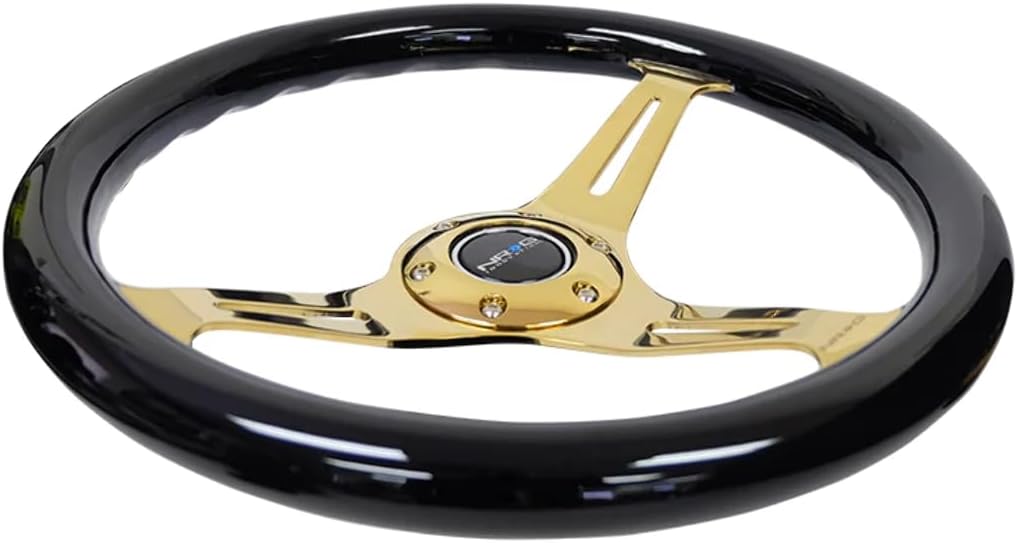 NRG Innovations NRG-ST-015CG-BK Steering Wheel - 350mm 25mm Deep Configuration, Classic Black Wood Grain Wheel with 3 Chrome Gole Spokes/Black Grip