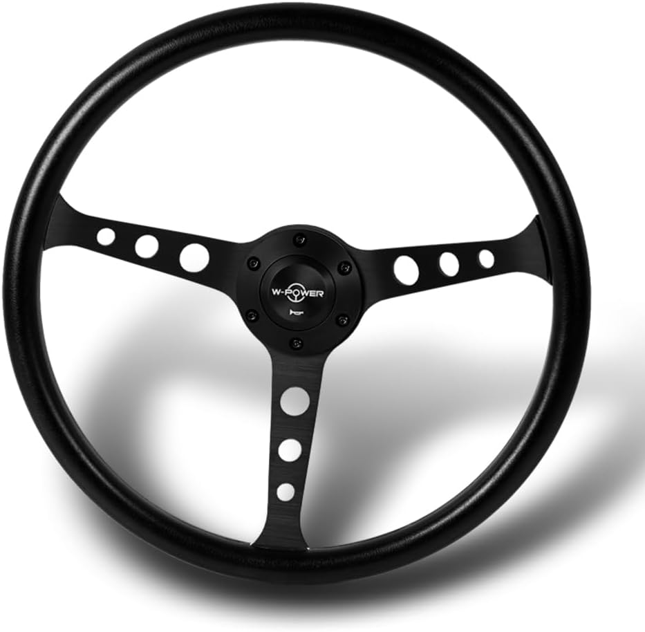 W-Power 15' Reinforced Aluminum Steering Wheel, Black Vinyl Wrap Trim, 380mm 6 Bolt Hole, JDM Euro VIP Style, 3' Deep, Matt Black Spoke, Horn Button (3-SW-8976-BK-G1)