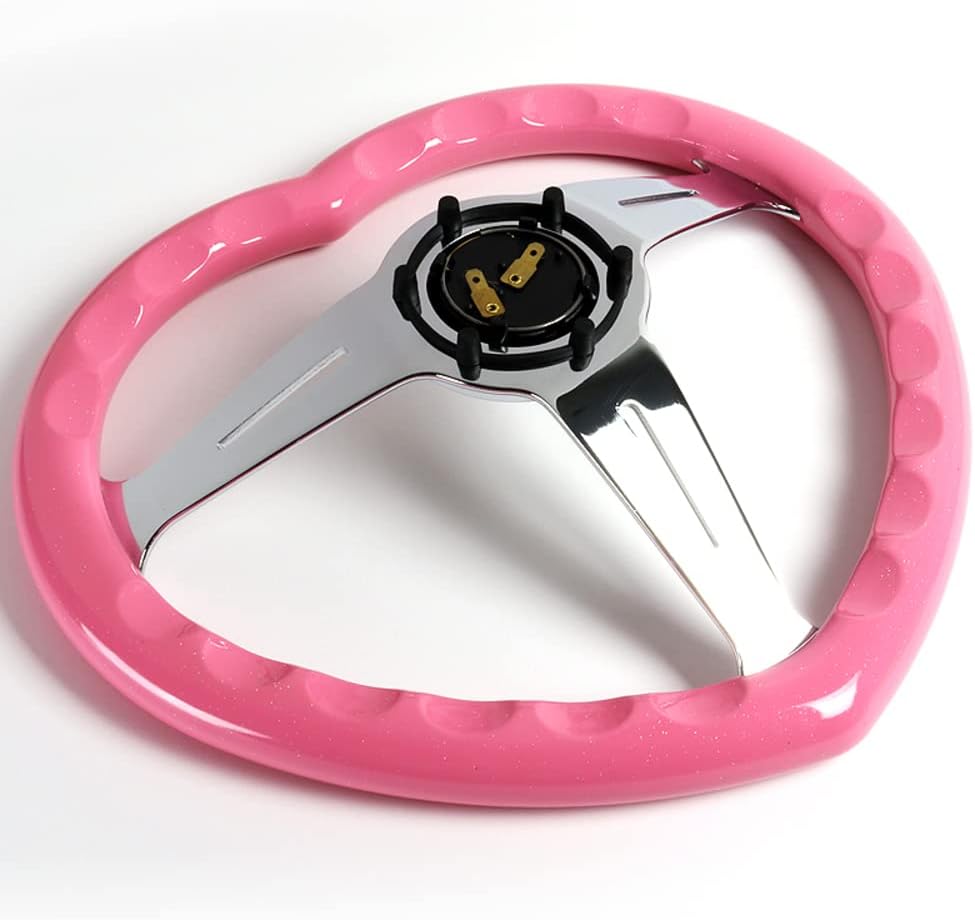 W-Power,13.5' Universal 343mm 6 Bolt Hole 3-Inche Deep Dish Aluminum Polished Heart-Shaped with Wood Grip Steering Wheel, Black Horn Button JDM Euro VIP Style, 3-Spoke (Pink)