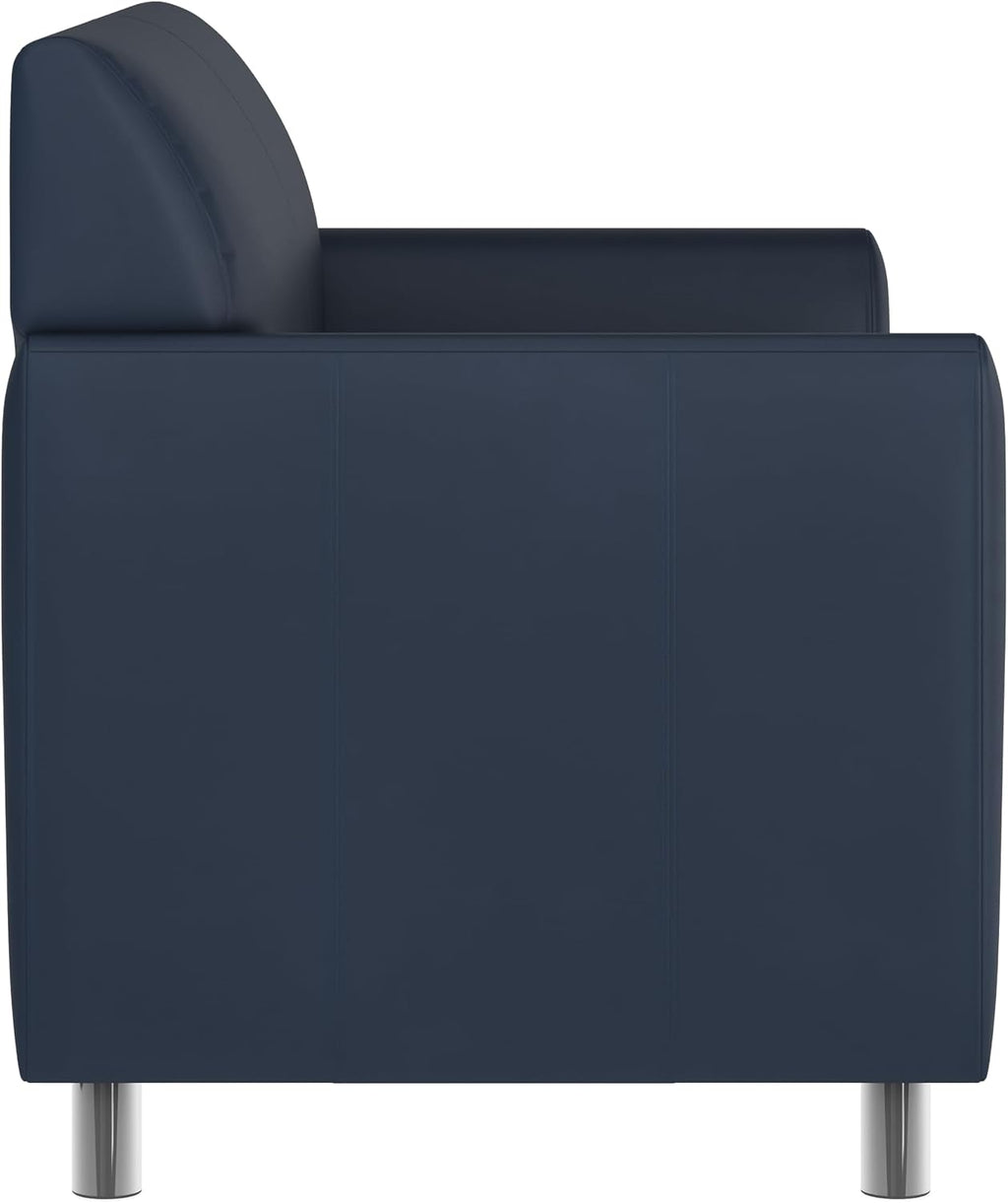 Flash Furniture Hercules Diplomat Side Reception Loveseat with Chrome Legs, Lobby Chair with Cushions and Flared Arms, Navy LeatherSoft