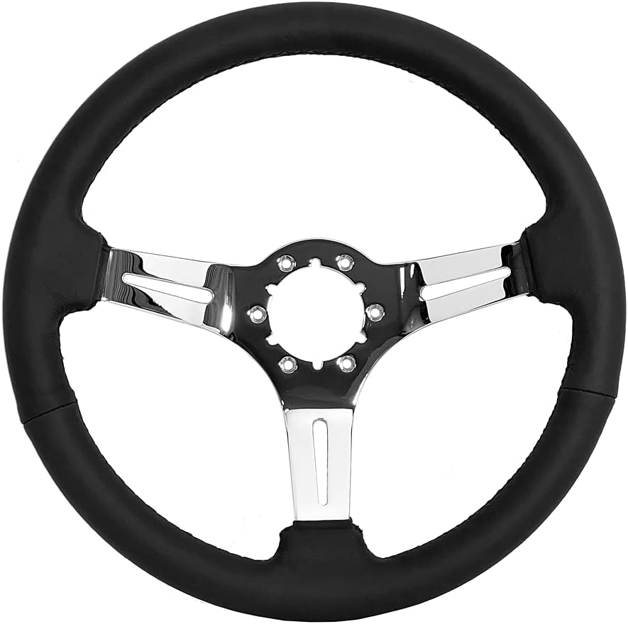 VSW S6 Steering Wheel, Black Leather 6 Bolt Chrome Slotted 3-Spoke ST3012BLK