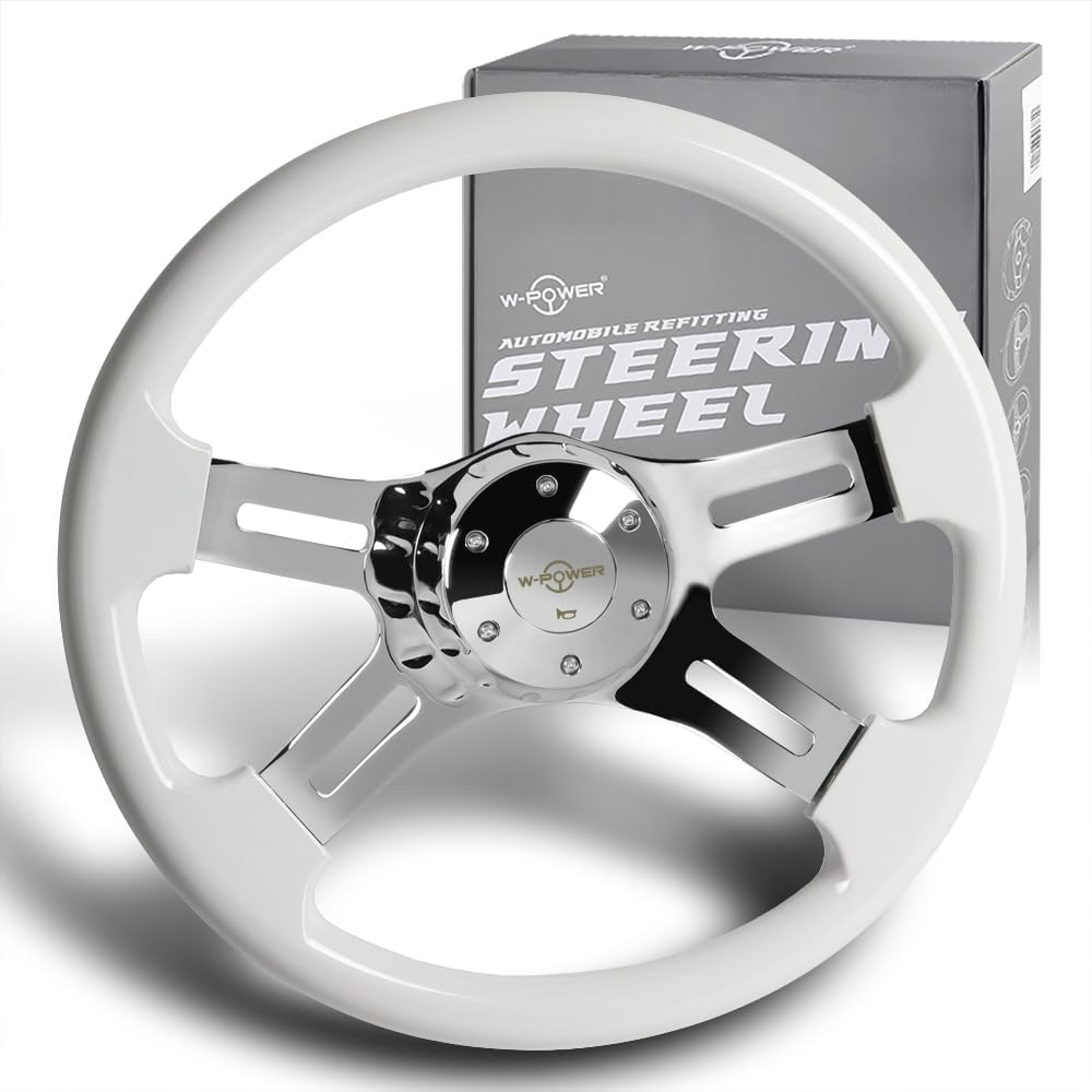W-Power, 16' Universal 406mm 5 Bolt Hole 2 Inches Deep with Aluminum Polished Vintage Style Wood Grip Steering Wheel, Chrome Horn Button (White Wood Grip/Chrome Spokes)
