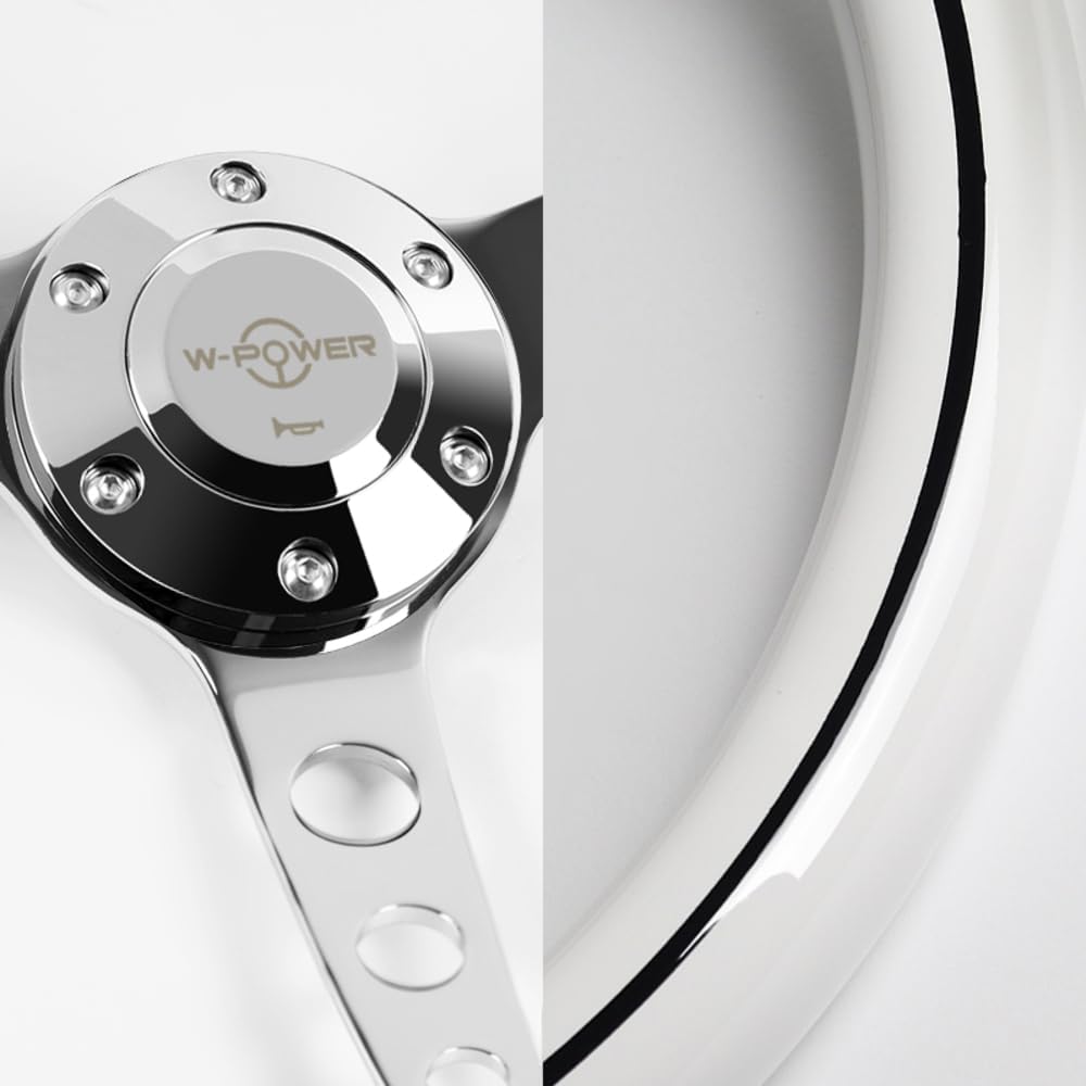 W-Power, 15' Reinforced 380mm 6 Bolt Hole Aluminum Finised White Wood Grain Trim Steering Wheel, Chrome Horn Button JDM Euro VIP Style, 3' Deep (White Wood Grain/Chrome Spoke)