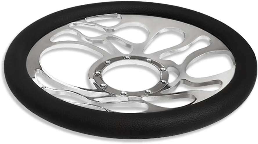 Chrome 14' Billet Aluminum 9 Holes Steering Wheel Flamed Style with Black Leather Half Wrap & Flamed Horn Button