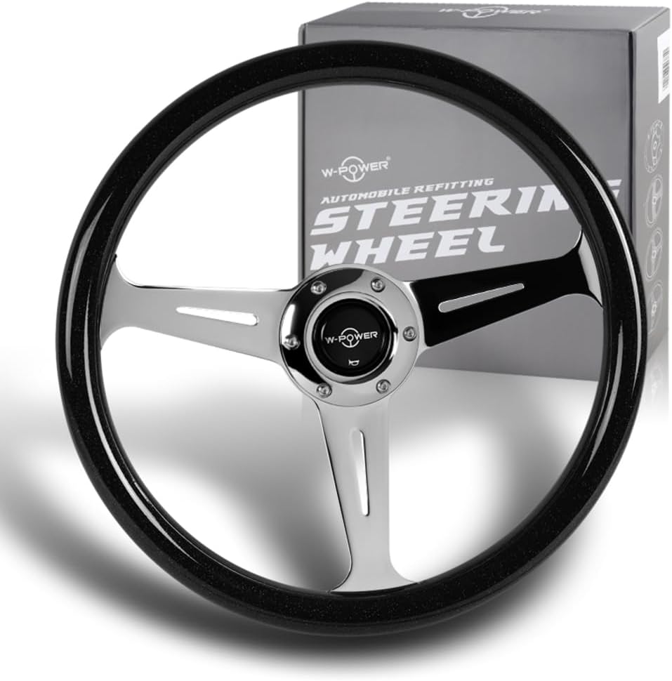 W-Power, 14' Universal 350mm 6 Bolt Hole Aluminum Polished 'Galaxy' Wood Grain Trim Steering Wheel, 3-Spoke, Black Horn Button JDM VIP Style (Black Sparkled Wood Grip - Chrome Center)