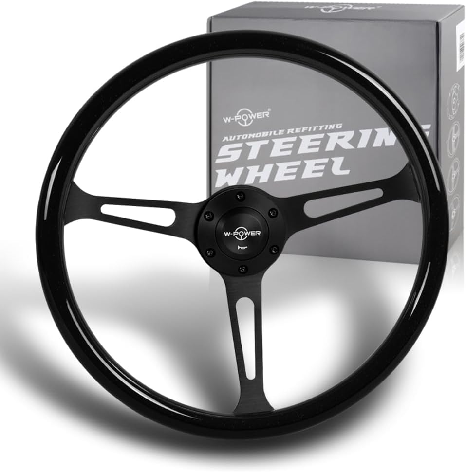 W-Power, 15' Reinforced 380mm 6 Bolt Hole Aluminum Finised Black Wood Grain Trim Steering Wheel, Black Horn Button JDM Euro VIP Style, 3' Deep (Black Wood Grain/Matt Black Spoke)