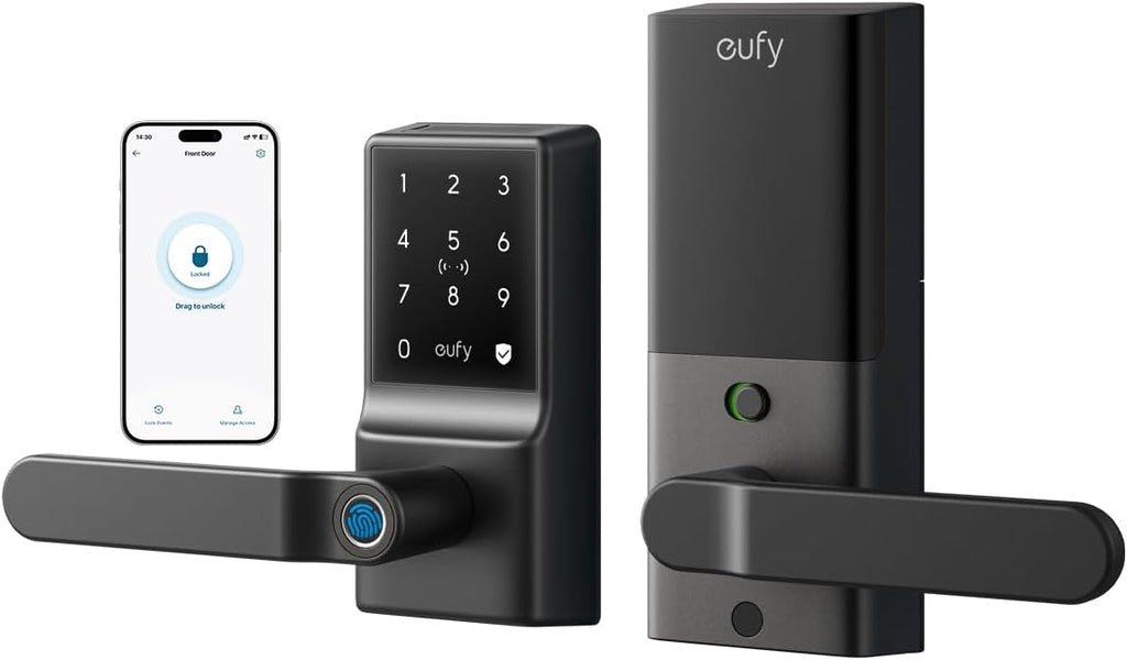eufy Security Smart Lock C33, Fingerprint Keyless Door Lock with Handle, Built-in Wi-Fi, APP Remote Control, Biometric Door Knob for Entry Door, Auto Lock, IP53 Waterproof
