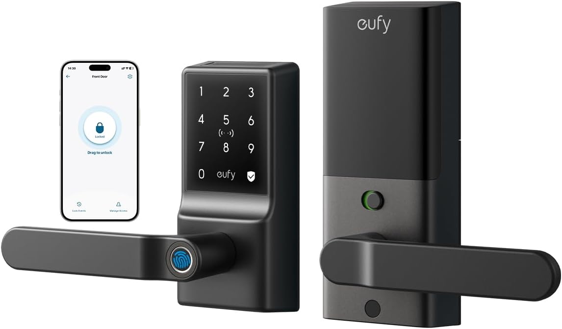 eufy Security Smart Lock C33, Fingerprint Keyless Door Lock with Handle, Built-in Wi-Fi, APP Remote Control, Biometric Door Knob for Entry Door, Auto Lock, IP53 Waterproof