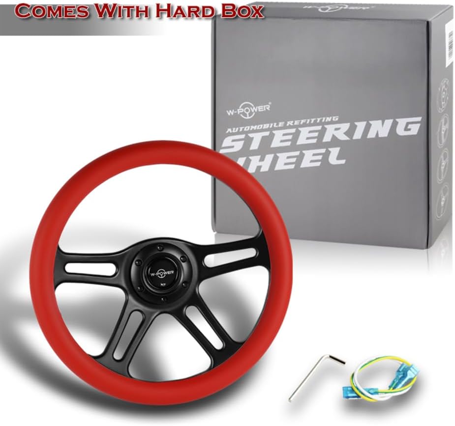 W-Power, 14' Universal 350mm 6 Bolt Hole Vintage Style with Aluminum Polished Special Leather Grip Steering Wheel, Black Horn Button, 4-Spoke (Red Leather/Black Spoke)