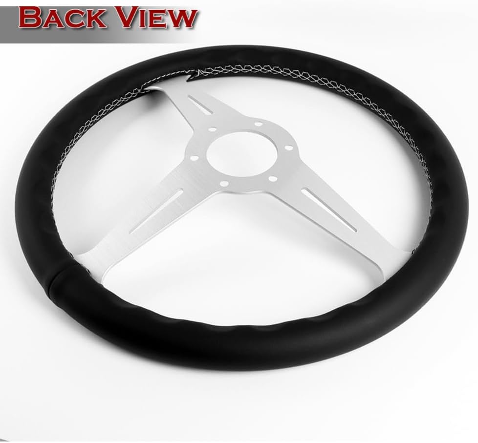 W-Power, 14' Universal 350mm 6 Bolt Hole Aluminum Polished Classic Black Leather Trim Steering Wheel, Black Horn Button JDM Euro VIP Style, 3-Spoke (Black Leather Grip - Silver Center)
