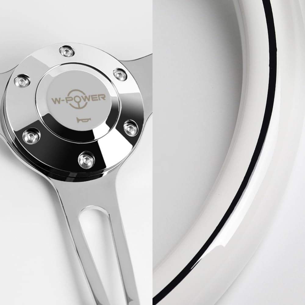 W-Power, 15' Reinforced 380mm 6 Bolt Hole Aluminum Finised White Wood Grain Trim Steering Wheel, Chrome Horn Button JDM Euro VIP Style, 3' Deep (White Wood Grain/Chrome Spoke)