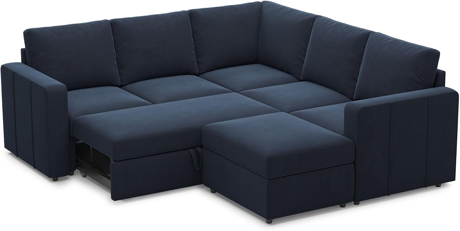 Belffin Modular Sectional Sofa with Sleeper Sofa Couch Pullout Bed, L Shaped 5 Seater Sleeper Sectional Couch with Storage Seat for Living Room, Blue