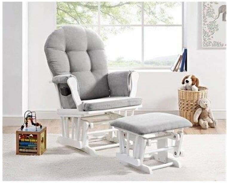 HomeStock Glider and Ottoman Set - Padded Arms, Storage Pockets, Metal Bearings White and Gray