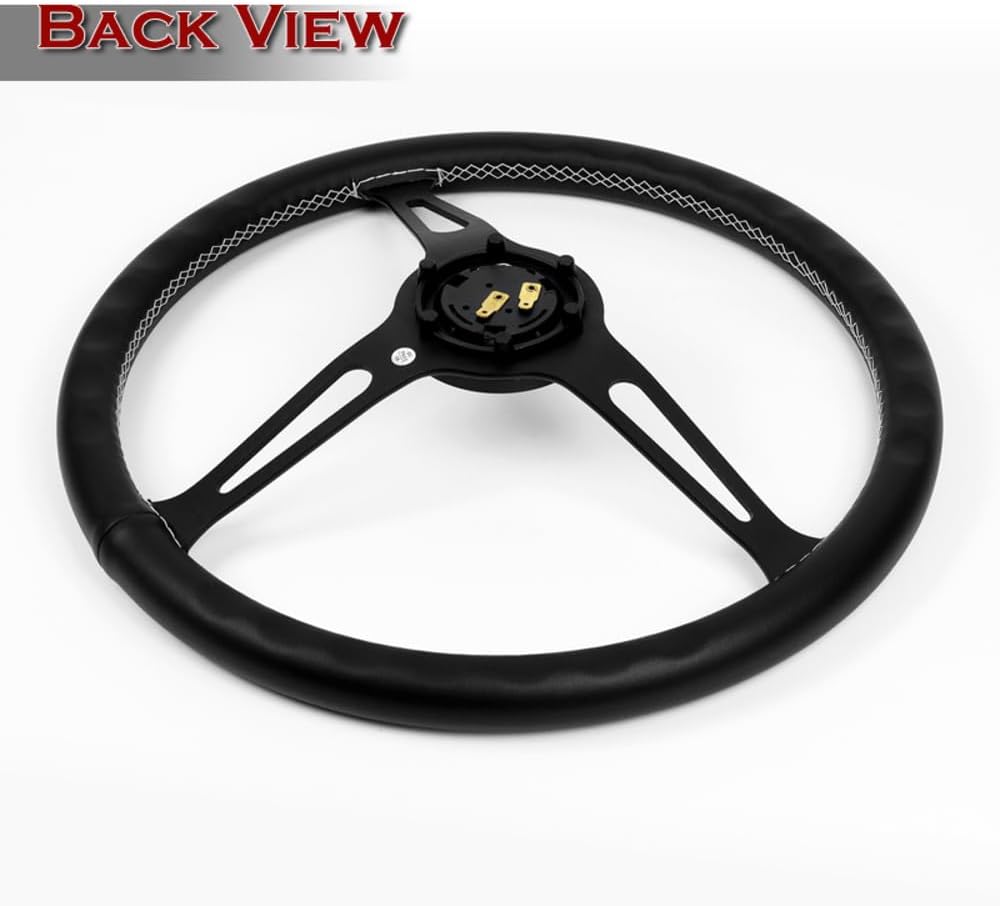 W-Power, 15' Reinforced 380mm 6 Bolt Hole Aluminum Finised Black Wood Grain Trim Steering Wheel, Black Horn Button JDM Euro VIP Style, 3' Deep (Black Leather/Matt Black Spoke)