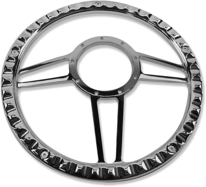 Chrome 14' Billet Aluminum 9 Holes Steering Wheel Tri Spoke Style with Black Leather Half Wrap & Smooth Horn Button & Adapter