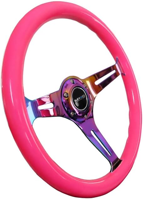 NRG Innovations NRG-ST-015MC-NPK Classic Wood Grain Steering Wheel, 350mm 3 Neochrome Spokes-Neon Pink Color