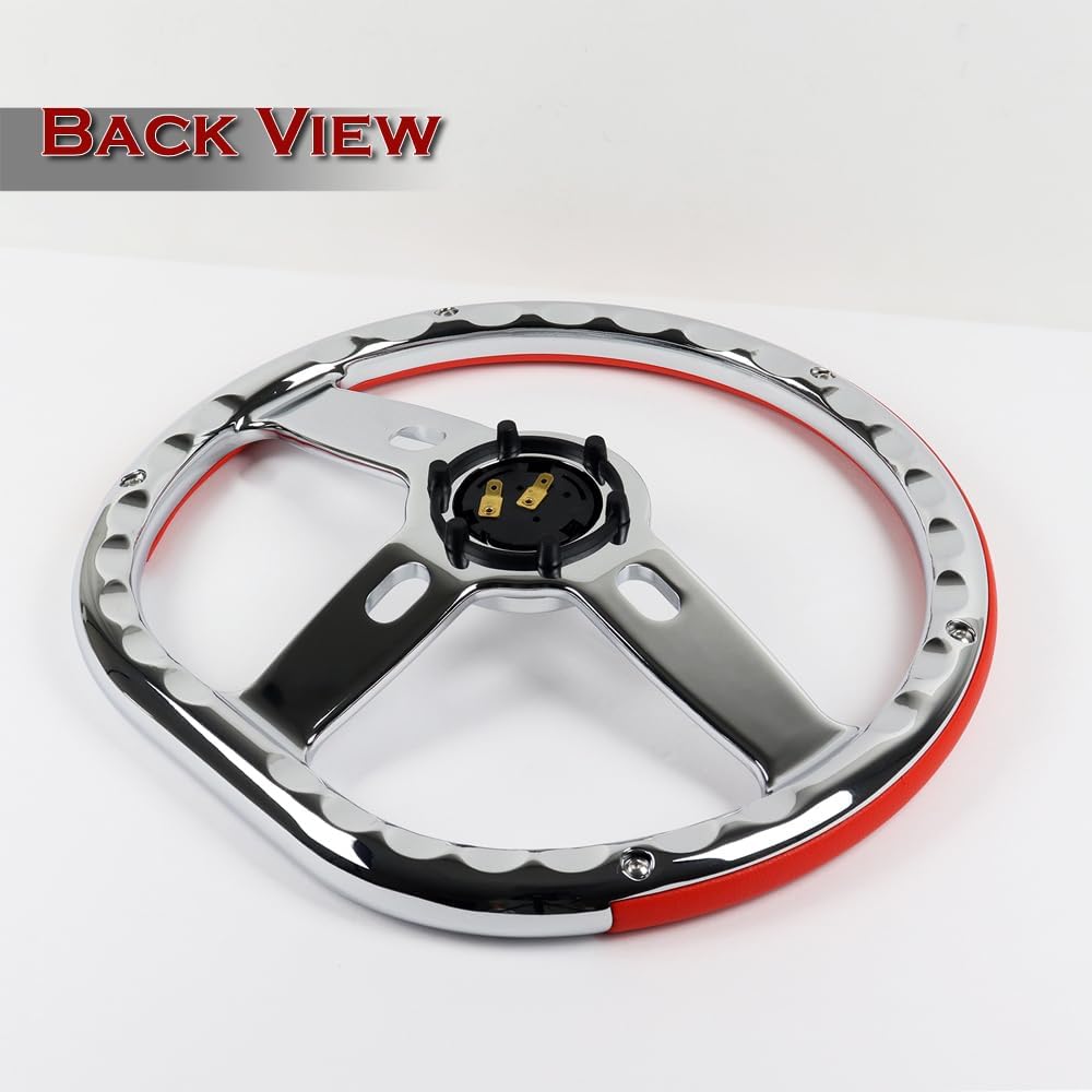 W-Power, 14' Universal 350mm 6 Bolt Hole Aluminum Polished Vinyl Wrap Leather Trim Steering Wheel, Chrome Horn Button JDM Euro VIP Style, 2' Deep (Red Vinyl Wrap Leather)
