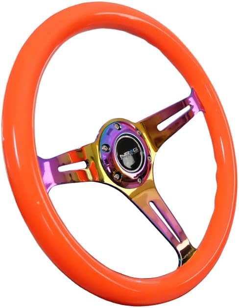 NRG Innovations NRG-ST-015MC-NOR Classic Wood Grain Steering Wheel, 350mm 3 Neochrome Spokes-Neon Orange Color