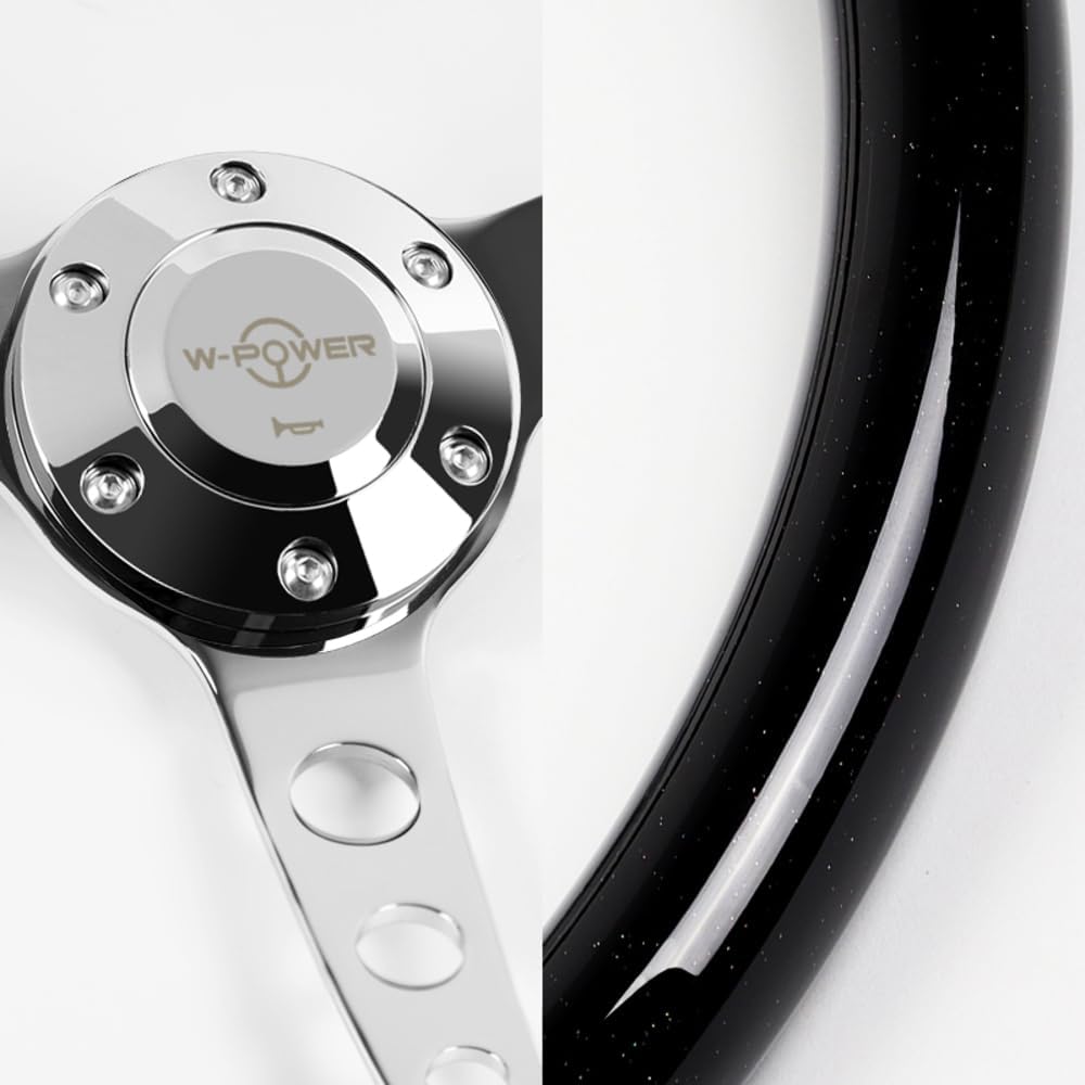W-Power 15' Reinforced 380mm 6 Bolt Hole Aluminum Finished Wood Grain Trim Steering Wheel, Black Horn Button JDM Euro VIP Style, 3' Deep (Wood Grain/Chrome Spoke)