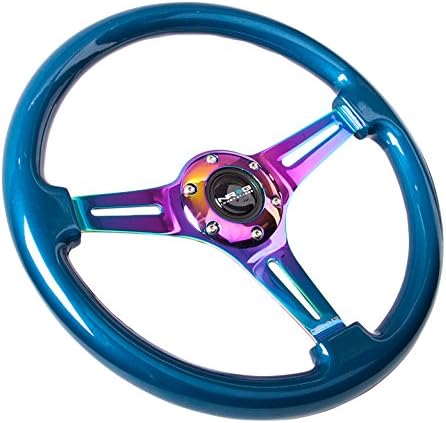 NRG Innovations NRG-ST-015MC-BL Steering Wheel - 350mm 25mm Deep Configuration, Classic Wood Grain Wheel, 3 Neochrome Spokes- Blue Pearl/Flake Paint