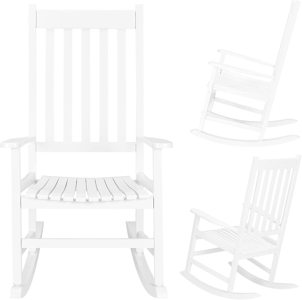 VINGLI 2PCS Wood Rocking Chairs Relaxing Rocker Real Wood High Back Seat for Deck, Garden, Backyard, Porch, Indoor or Outdoor Use, White