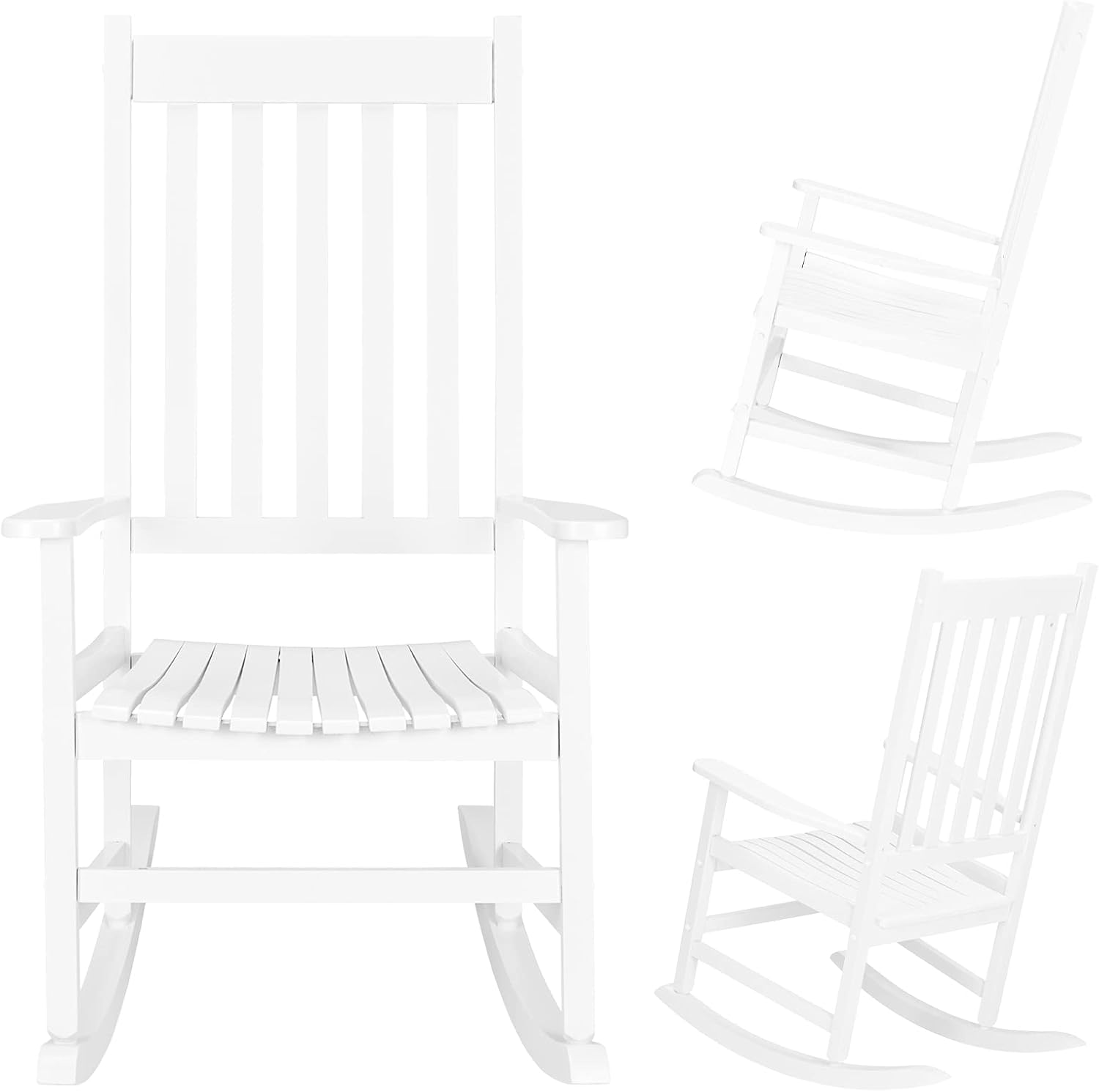 VINGLI 2PCS Wood Rocking Chairs Relaxing Rocker Real Wood High Back Seat for Deck, Garden, Backyard, Porch, Indoor or Outdoor Use, White