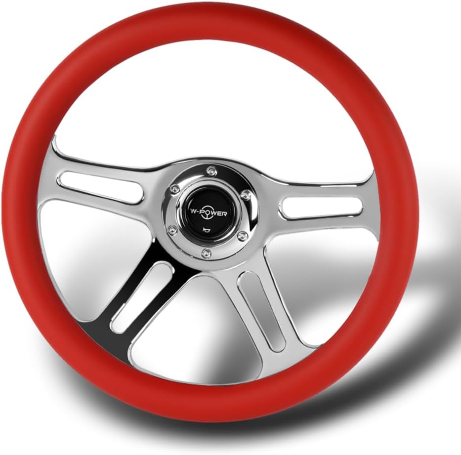 W-Power, 14' Universal 350mm 6 Bolt Hole Vintage Style with Aluminum Polished Special Leather Grip Steering Wheel, Black Horn Button, 4-Spoke (Red Leather/Chrome Spoke)