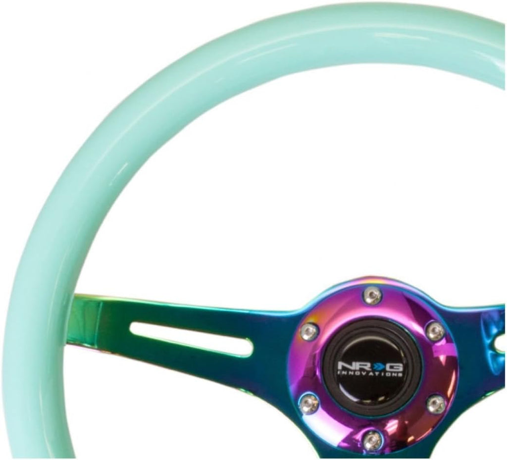 NRG Innovations NRG-ST-015MC-MF Classic Wood Grain Steering Wheel - 350mm, 6x70mm, 3 Neochrome Spokes - Minty Fresh Color