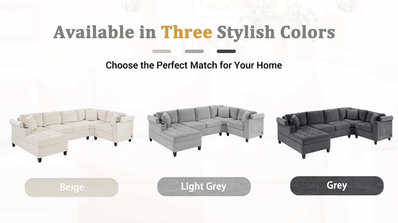 Merax 115.7' U-Shaped Chenille Sectional Sofa, 4 Seat Corner Couch Oversized with Built-in Cup Holders, 3 Pillows, Storage Space for Living Room, Light Grey