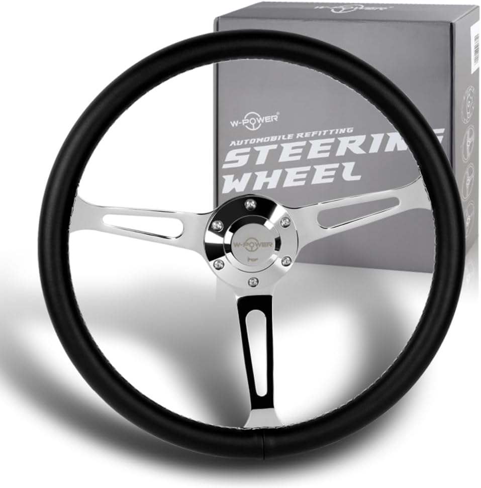 W-Power, 15' Reinforced 380mm 6 Bolt Hole Aluminum Finised Black Wood Grain Trim Steering Wheel, Black Horn Button JDM Euro VIP Style, 3' Deep (Black Leather/Chrome Spoke)