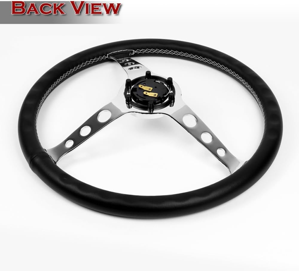 W-Power, 15' Reinforced 380mm 6 Bolt Hole Aluminum Finised Black Leather with White Stich Trim Steering Wheel, Chrome Horn Button JDM Euro VIP Style, 3' Deep (Black Leather/Chrome Spoke)