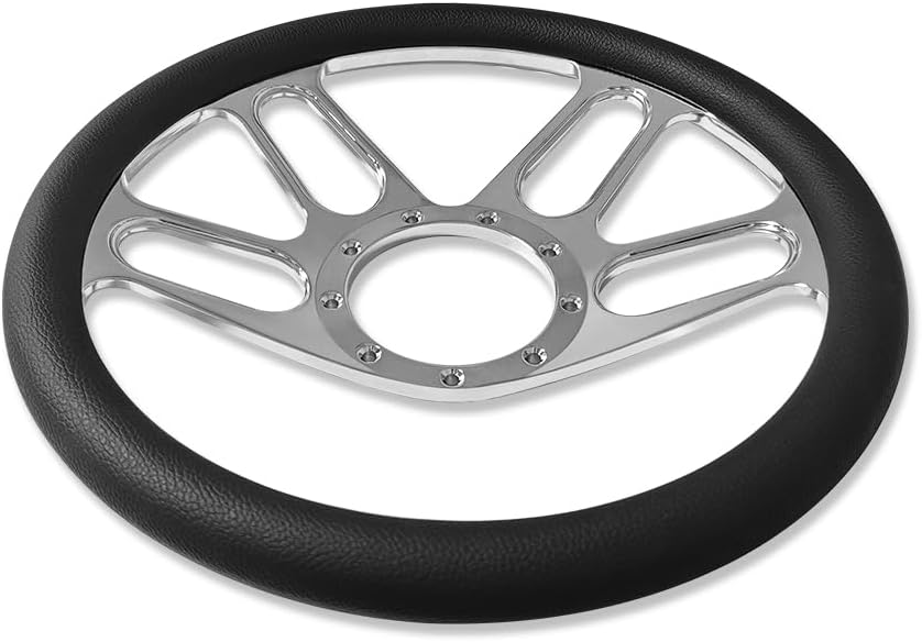 Chrome 14' Billet Aluminum 9 Holes Steering Wheel New Age Style with Black Leather Half Wrap & Smooth Horn Button & Adapter