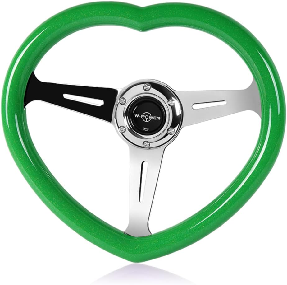 W-Power,13.5' Universal 343mm 6 Bolt Hole 3-Inche Deep Dish Aluminum Polished Heart-Shaped with Wood Grip Steering Wheel, Black Horn Button JDM Euro VIP Style, 3-Spoke (Green)