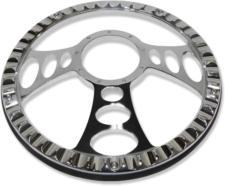Chrome 14' Billet Aluminum 9 Holes Steering Wheel Cruisin Style with Black Leather Half Wrap & Smooth Horn Button & Adapter