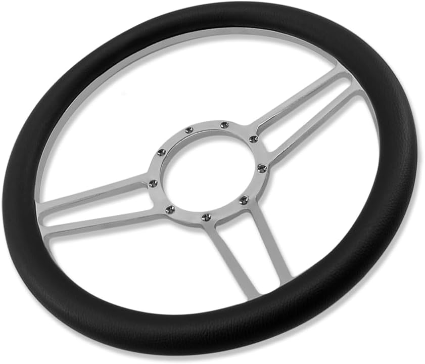 Chrome 14' Billet Aluminum 9 Holes Steering Wheel Tri Spoke Style with Black Leather Half Wrap & Smooth Horn Button & Adapter